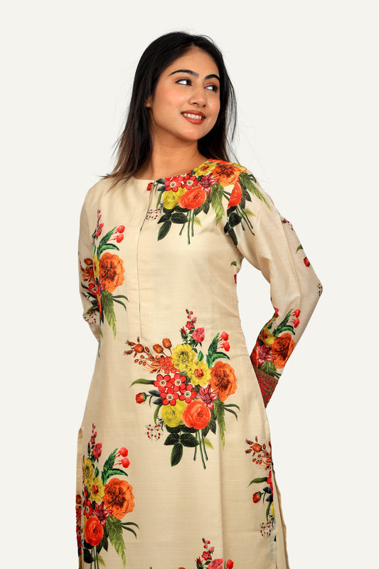 Cream Digital Printed Colour Kurti Pant