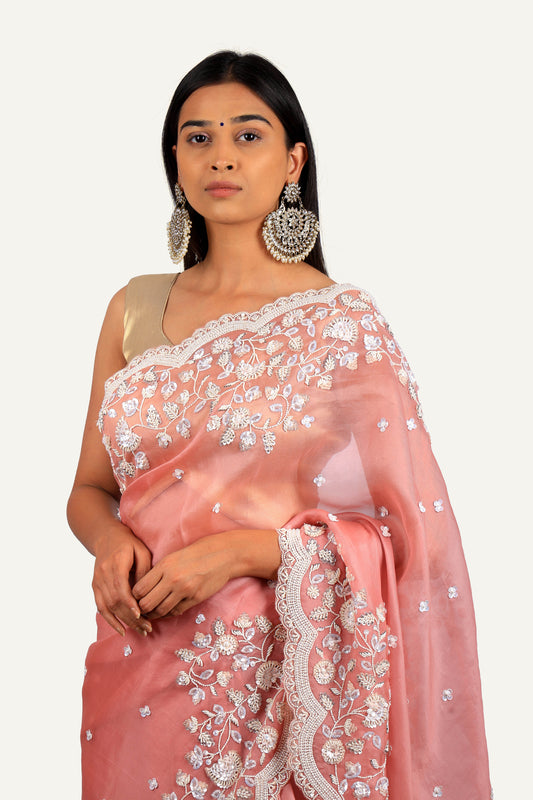 Peach Organza With Handwork Saree