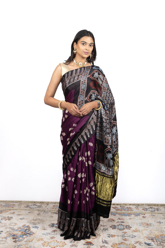 Modal Silk Ajrakh Print Saree with Lagdi Patta Bndhani