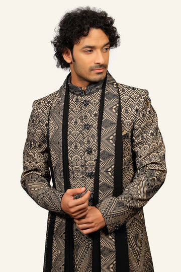 Black Georgette Sherwani With Machine Work
