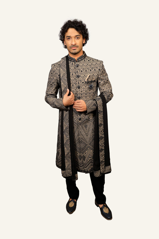 Black Georgette Sherwani With Machine Work