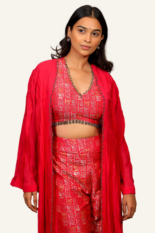 Pink Georgette Indowestern Banarasi Silk Blouse & Plazo