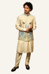 Golden Cream Silk Embroidery 3-Piece Set With Kurta & Pent