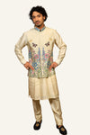 Golden Cream Silk Embroidery 3-Piece Set With Kurta & Pent
