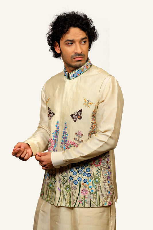 Golden Cream Silk Embroidery 3-Piece Set With Kurta & Pent
