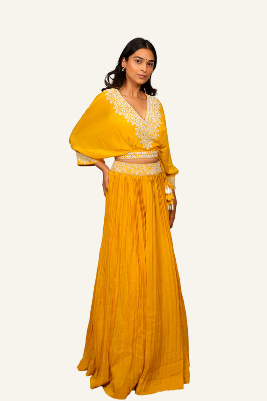 Mustard Yellow American Crepe Indowestern With Handwork