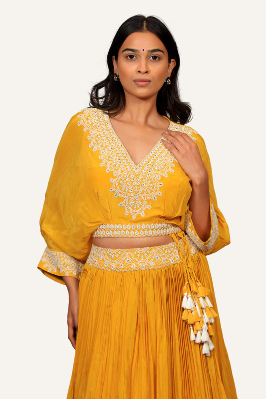 Mustard Yellow American Crepe Indowestern With Handwork