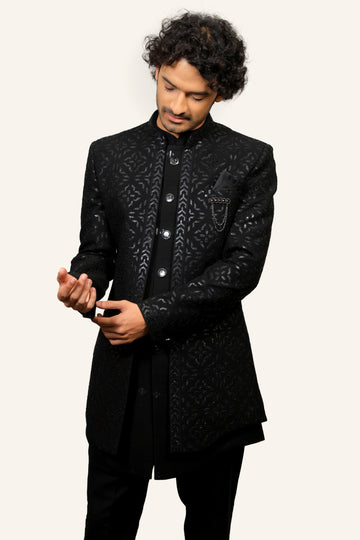 Black Leather Work Indowestern Pent, jacket, Sleeves Koti With Imported Fabric