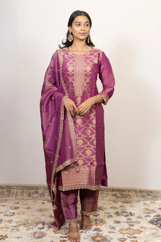 Purple Banarasi Dress with Machine work