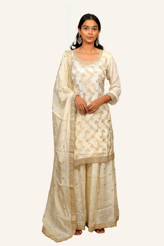 Off White Banarasi Dress with Plazzo and Dupatta