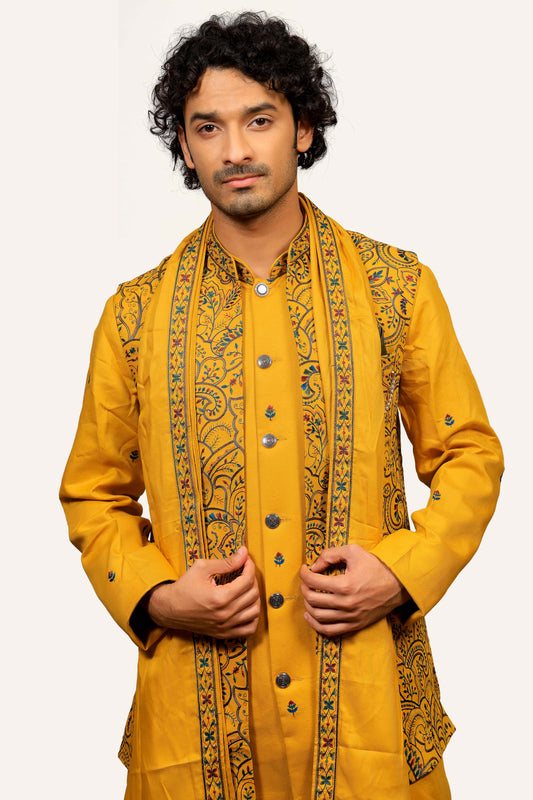 Yellow Silk Koti Kurta Set with Kashmiri Multicolor Embroidery