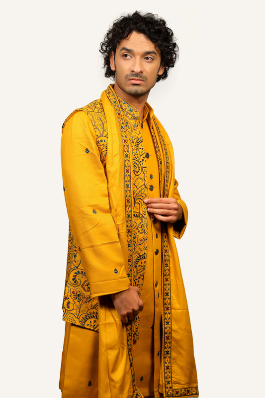 Yellow Silk Koti Kurta Set with Kashmiri Multicolor Embroidery