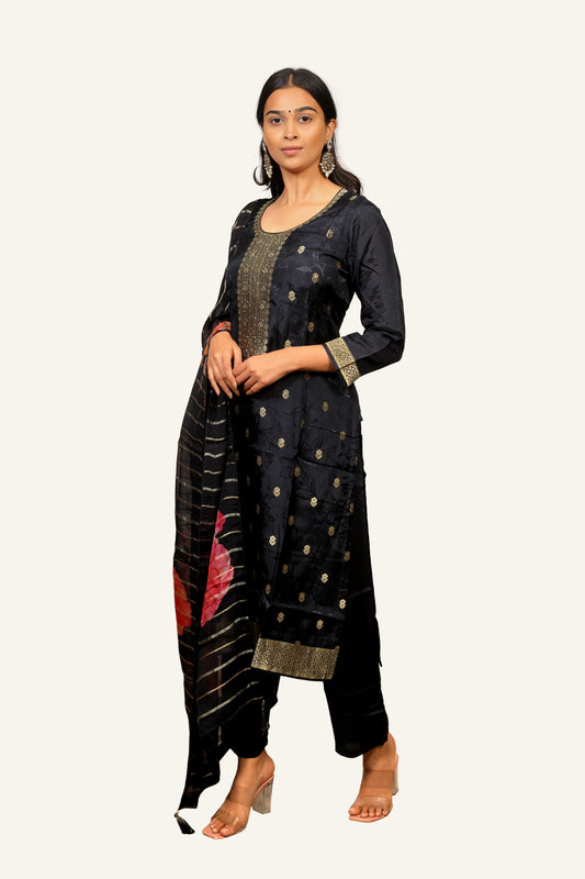 Black Banarasi Silk Dress with Machine Work