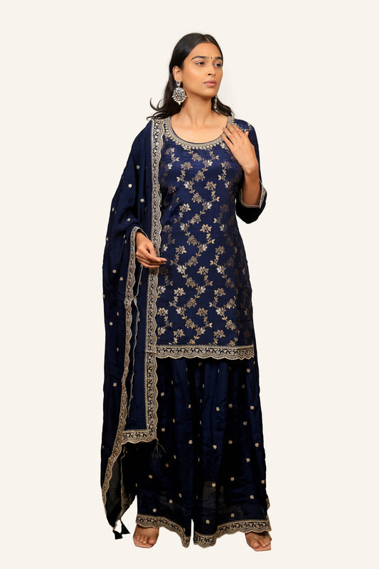 Blue Banarasi Work/Weaving Plazo Dress