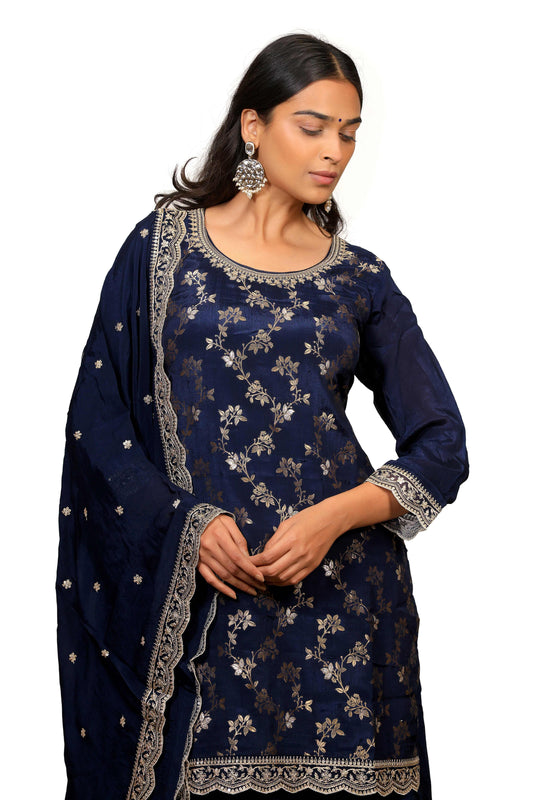 Blue Banarasi Work/Weaving Plazo Dress