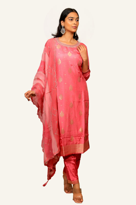 Pink Banarasi Dress with Machine Work
