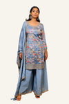 Gray Floral Print Machine Work Plazo Set