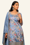 Gray Floral Print Machine Work Plazo Set