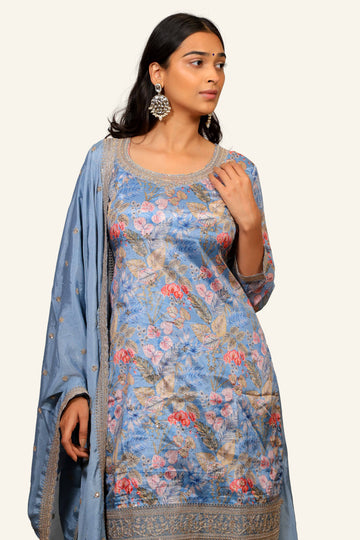 Gray Floral Print Machine Work Plazo Set