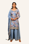 Gray Floral Print Machine Work Plazo Set