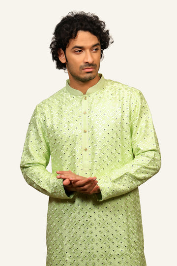 Green Silk Self Work Kurta Set With Badla Work
