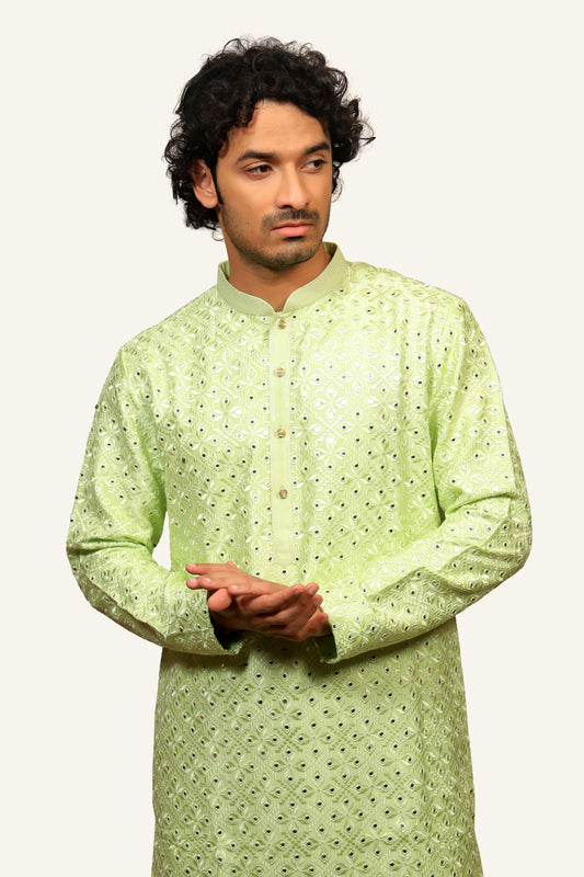 Green Silk Self Work Kurta Set With Badla Work