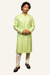 Green Silk Self Work Kurta Set With Badla Work