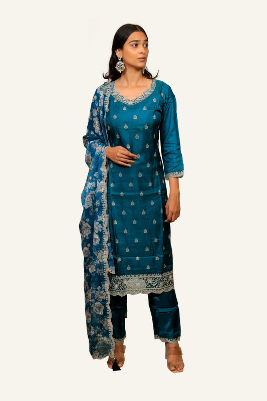Blue Silk Suit Set With Machine Work & Chiffon Printed Dupatta