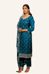 Blue Silk Suit Set With Machine Work & Chiffon Printed Dupatta