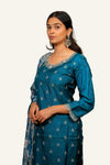 Blue Silk Suit Set With Machine Work & Chiffon Printed Dupatta