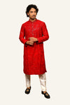 Red Silk Kurta Set With Self Thread & Tikki Work