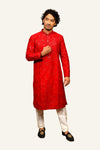 Red Silk Kurta Set With Self Thread & Tikki Work