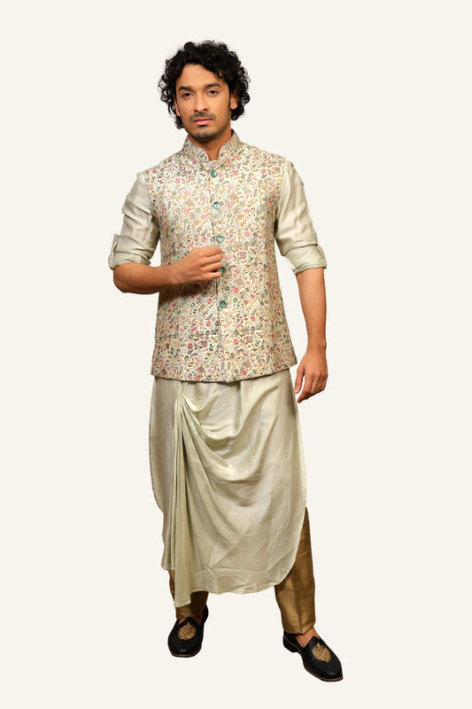 Pista Green Kashmiri Embroidary Cawole Kurta Jacket Set