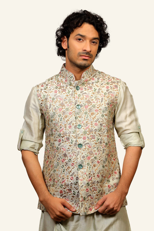 Pista Green Kashmiri Embroidary Cawole Kurta Jacket Set