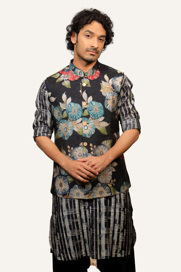 Black Floral Print Kurta Jacket Set
