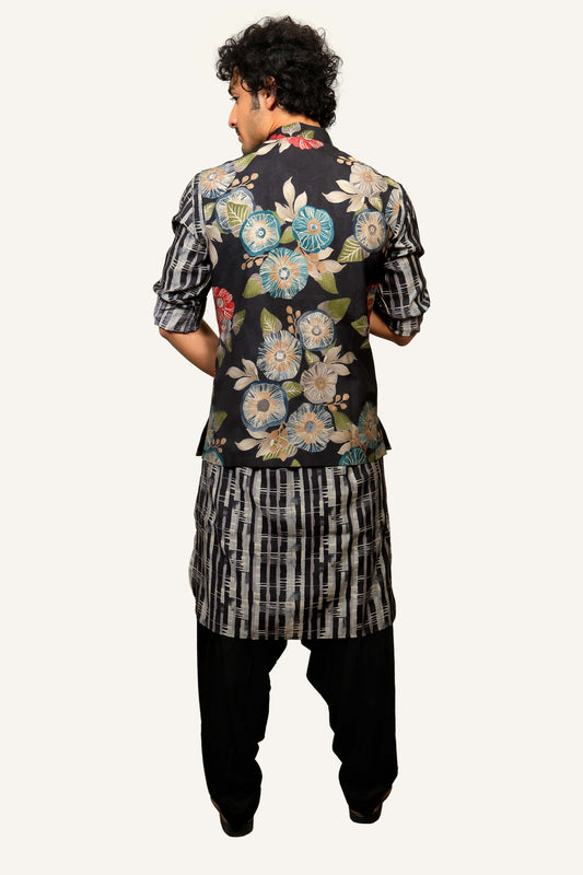 Black Floral Print Kurta Jacket Set