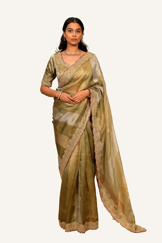 Organza Tissue Saree With Handwork & Ready Slik Blouse