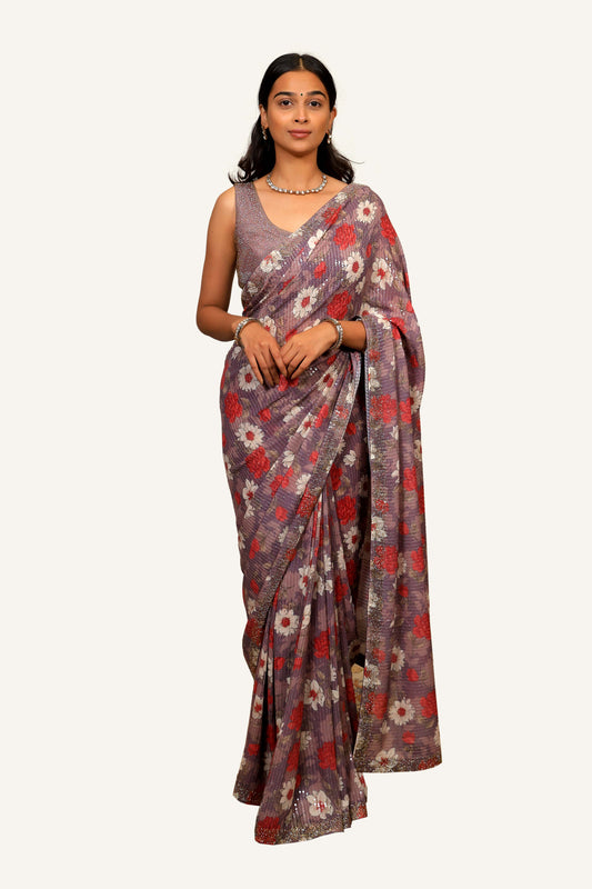 Purple Georgette Saree With Swarovski Work Ready Blouse