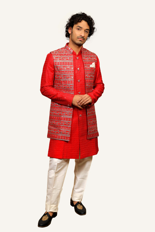 Cherry Red Kasab Embroidery with Sequence Kurta Jacket Set