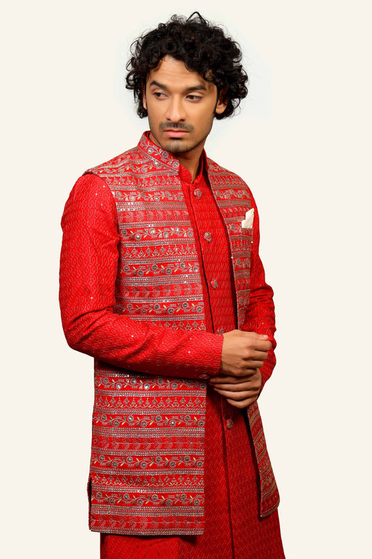 Cherry Red Kasab Embroidery with Sequence Kurta Jacket Set