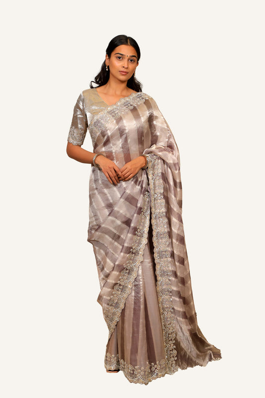 Tissue With Hand Work Border Saree With Ready Blouse