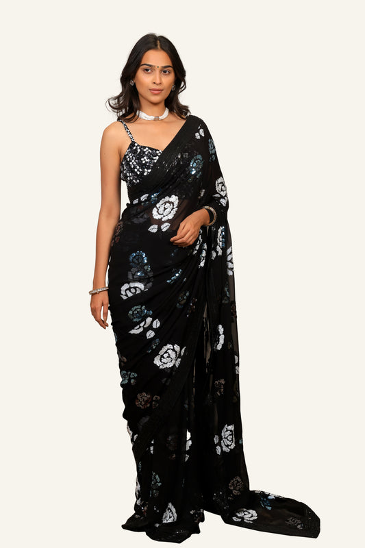 Chiffon Black Sequence Saree with Fully Handwork Ready Stitch Blouse