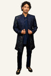 Navy Blue Thread Work Indowestern with Hand Touch Up