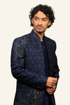 Navy Blue Thread Work Indowestern with Hand Touch Up