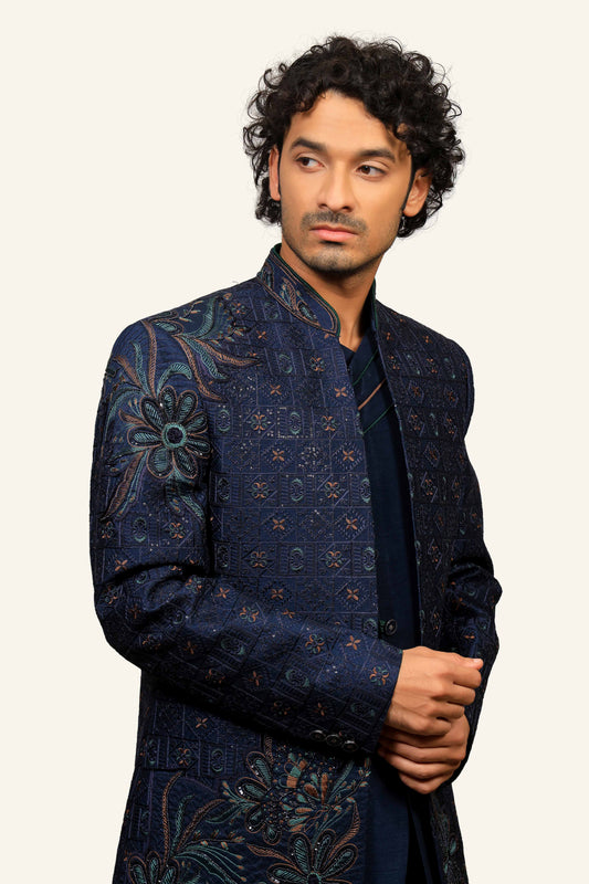 Navy Blue Thread Work Indowestern with Hand Touch Up