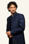 Navy Blue Thread Work Indowestern with Hand Touch Up