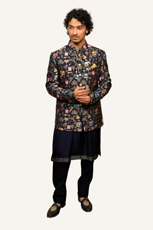 Navy Blue Banarasi Brocade Indowestern