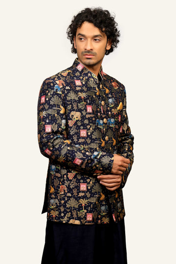 Navy Blue Banarasi Brocade Indowestern