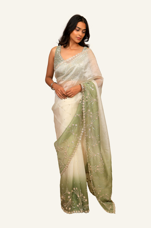 Soft Organza Ombre shade Hand Work Saree with Full Hand Work Ready Blouse