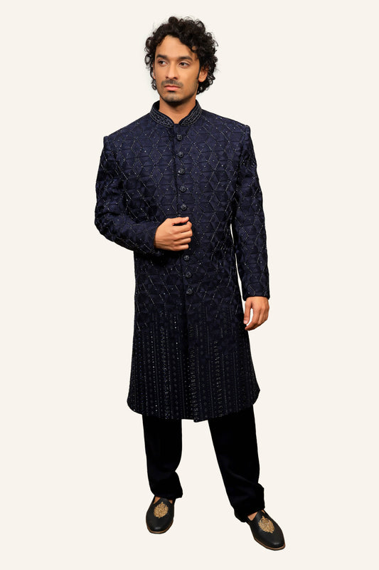 Dark Blue Hand Work Nawabi Style Indowestern